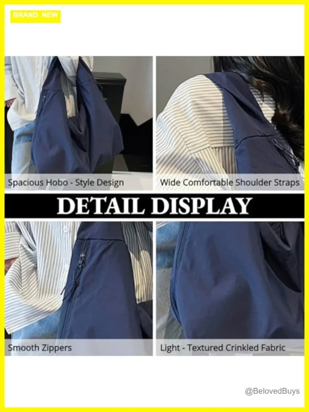 Large Nylon Shoulder Tote Hobo Bag with Multiple Pockets